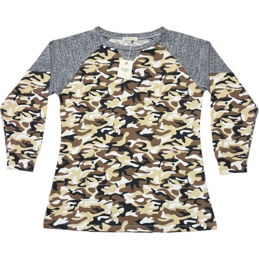 Andthewhy Los Angeles Camo Raglan Sleeve Top Brown Tan Grey Small ATW10677